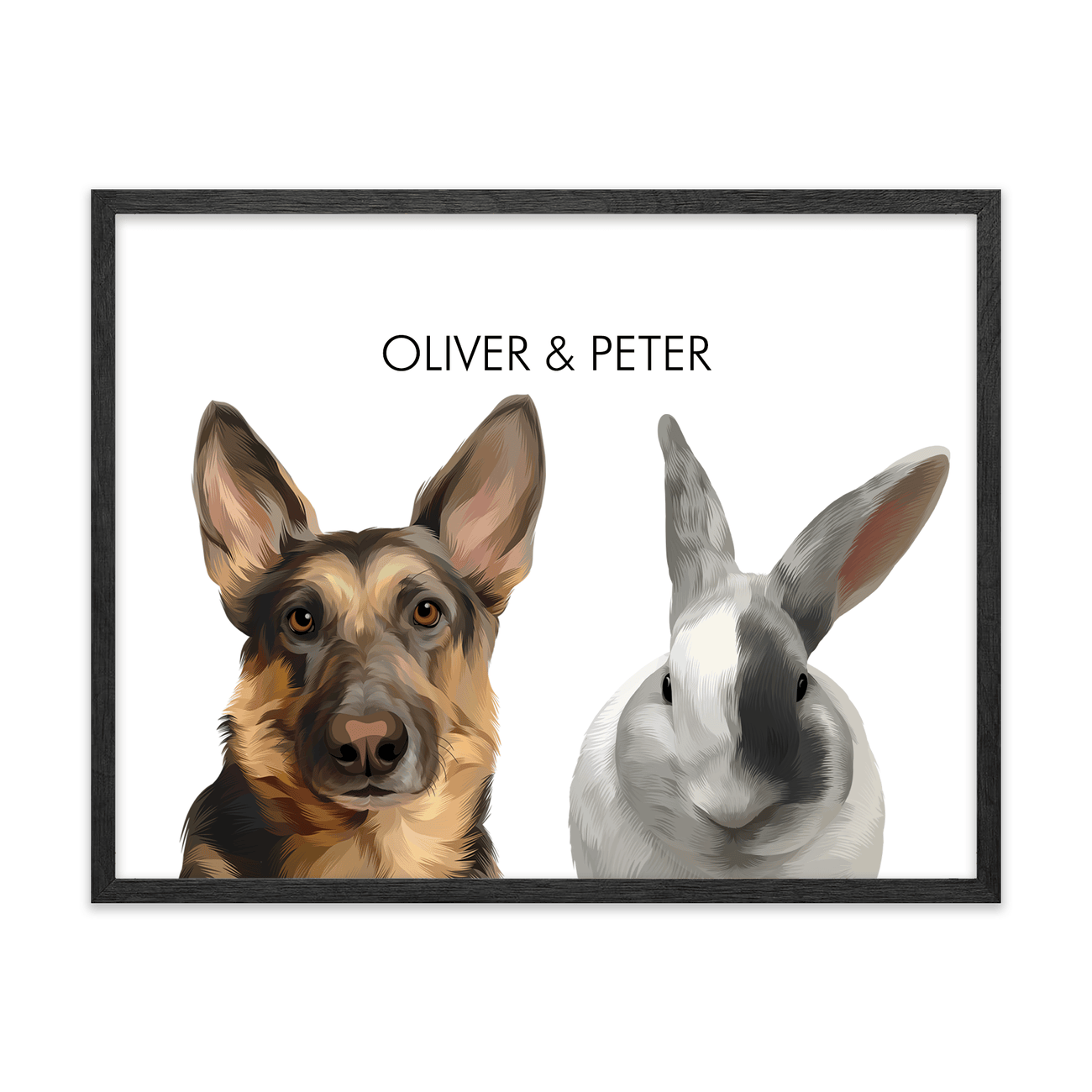 Custom illustrated 2 pet portrait of a German Shepherd dog and rabbit in a black oak frame, displayed side by side on a clean white background.