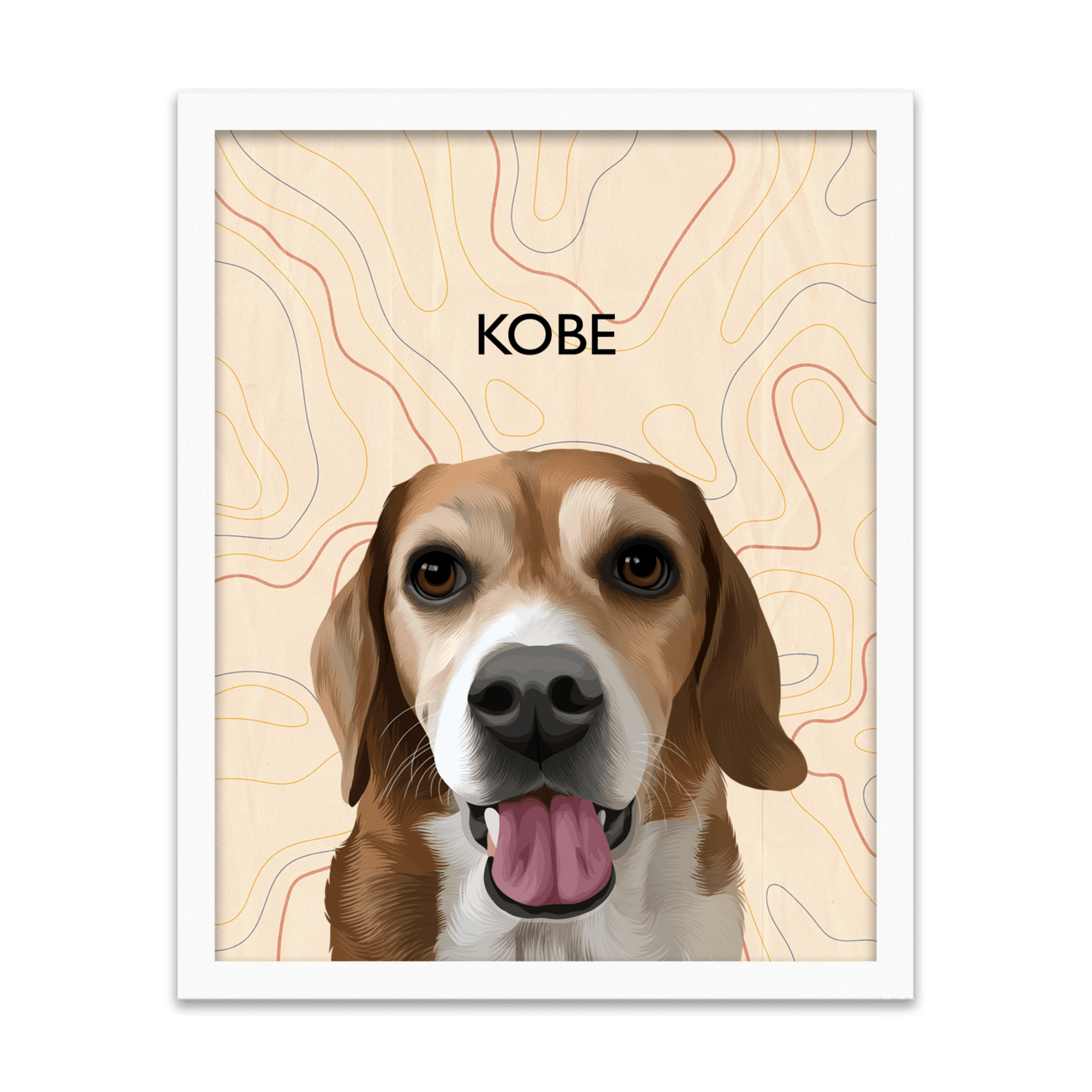 Modern pet portrait of a beagle named Kobe, featuring a warm-toned topographic line art background within a white oak frame .