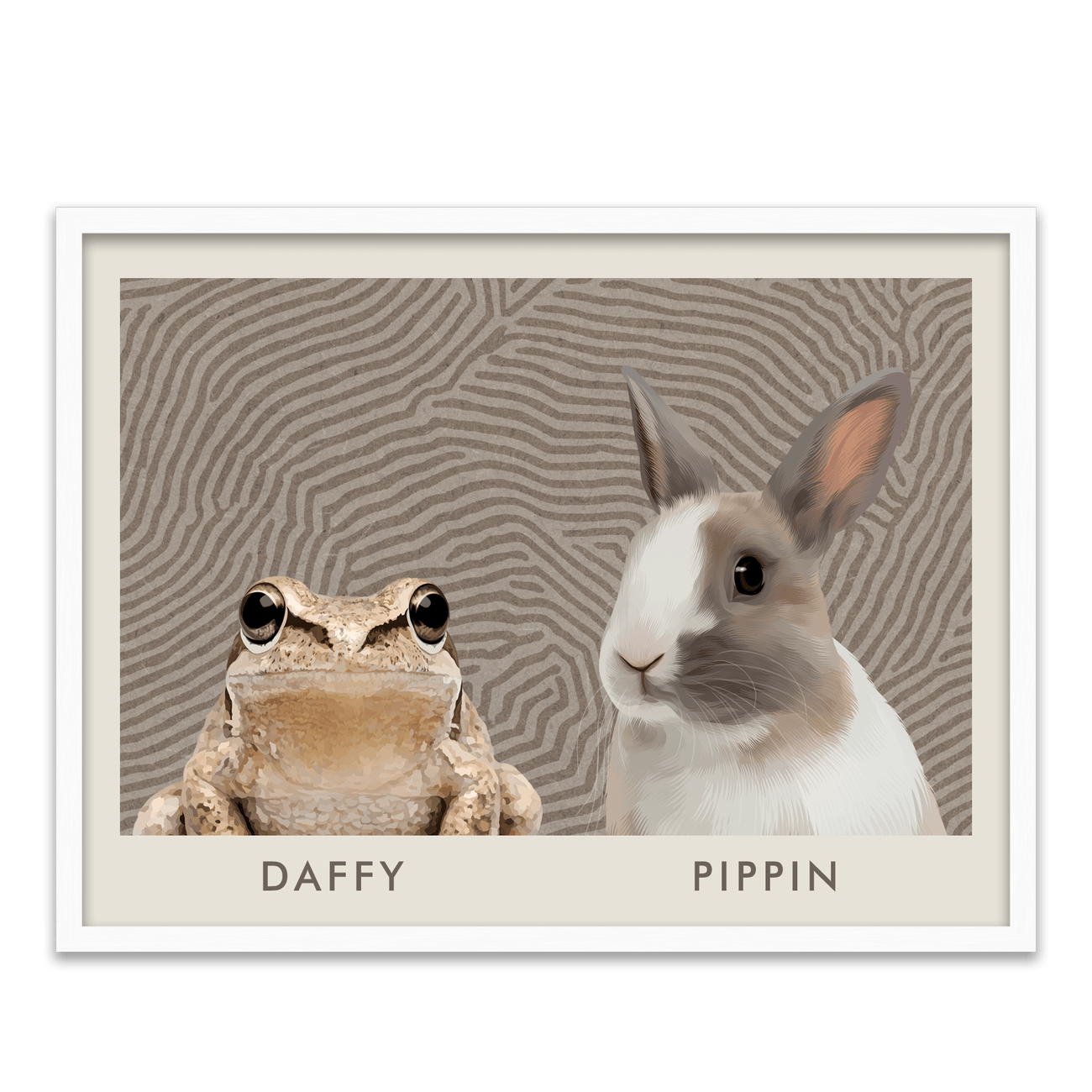 A natural white oak frame complements this Organic Terrain Lines Minimalist Pet Portrait where a frog and rabbit are illustrated over gentle terrain line patterns in a horizontal format.