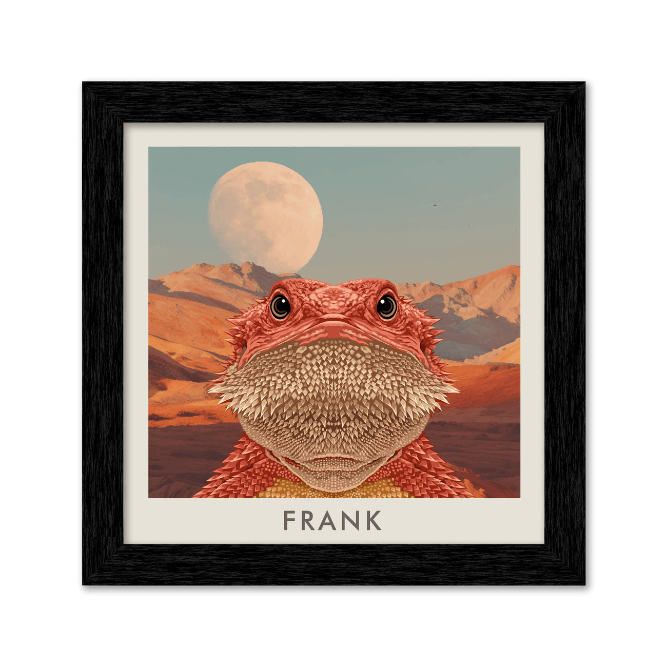 Bearded dragon portrait named Frank against a desert moon landscape in a black frame.