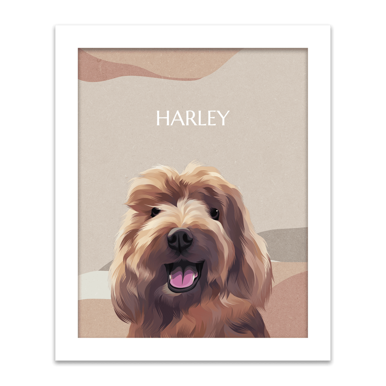Boho pet portrait of a dog named Harley, custom hand-illustrated with a warm earthy background and framed in a white frame.