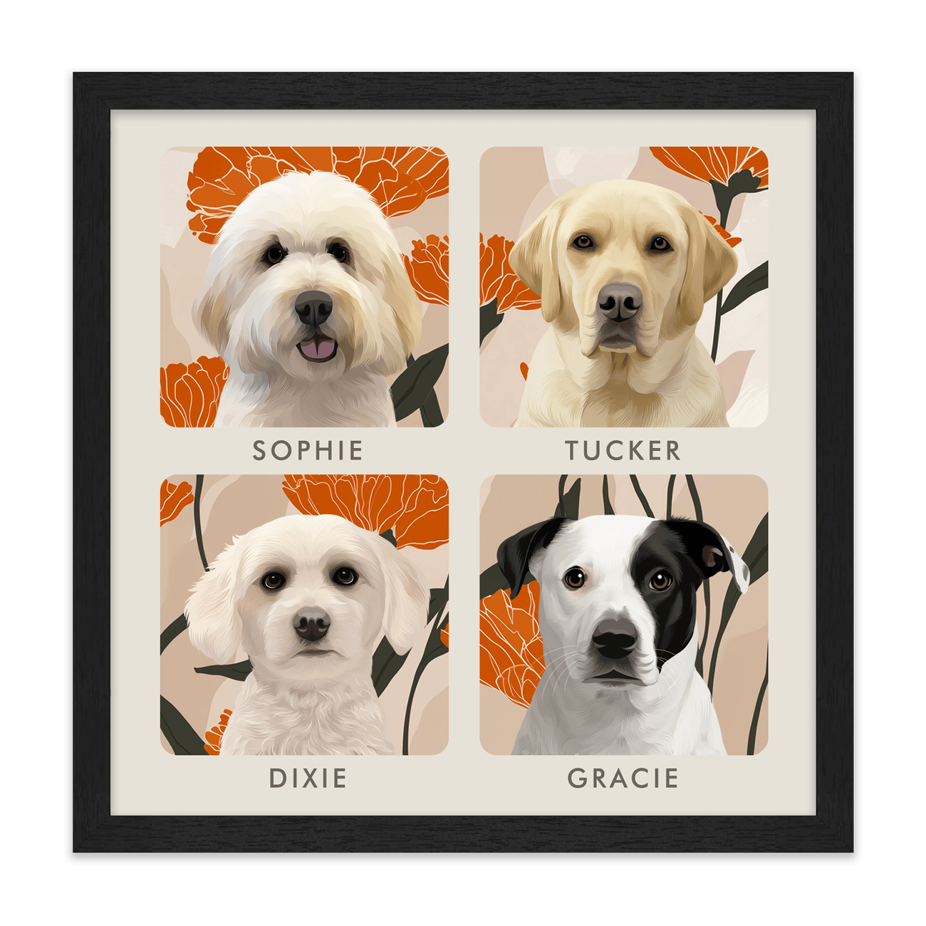 4petportrait-square-bloomingmarigoldfloralillustration_Standard-Black-Frame.png