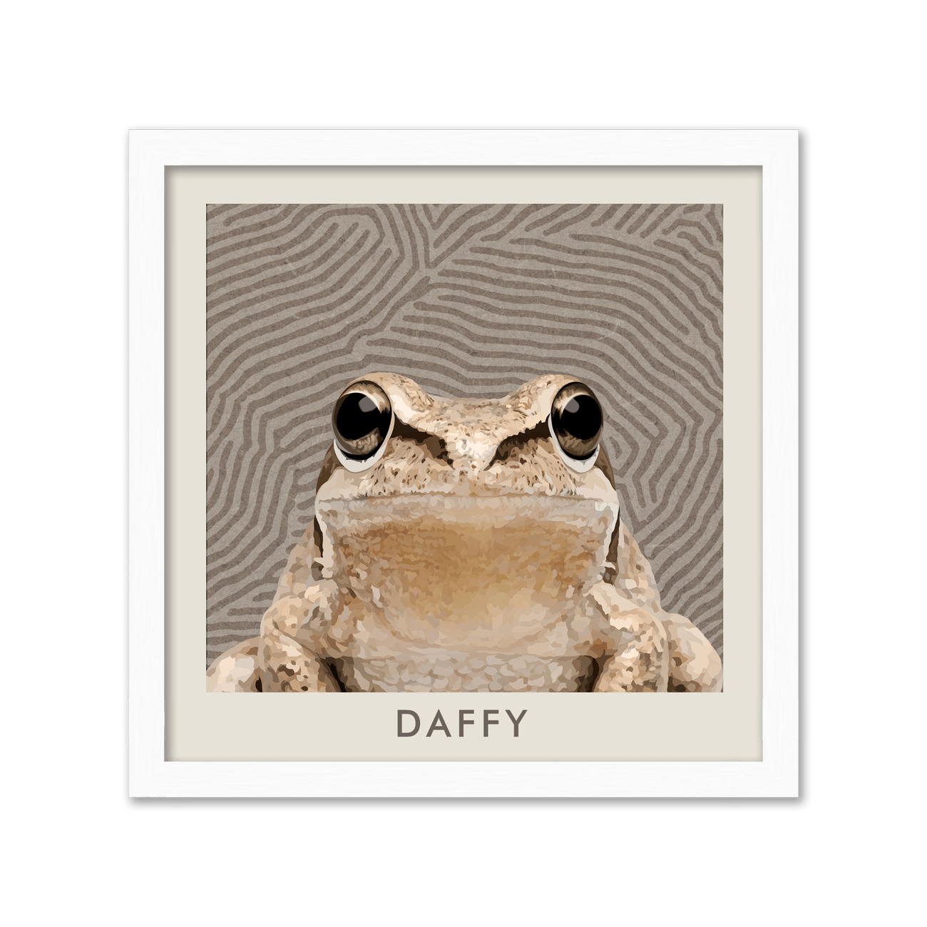 With its light oak finish, this Organic Terrain Lines Minimalist Pet Portrait pairs a detailed frog illustration with flowing terrain lines for a warm, natural aesthetic.