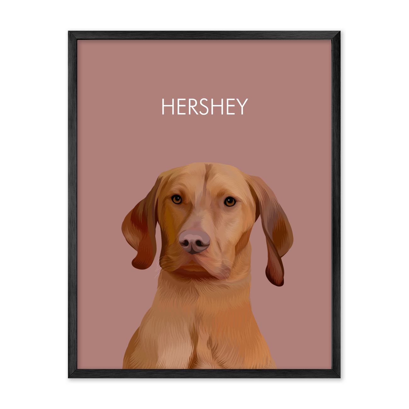 Framed pet portrait artwork of a Vizsla dog named Hershey on a neutral red colored background, framed in a metal frame.