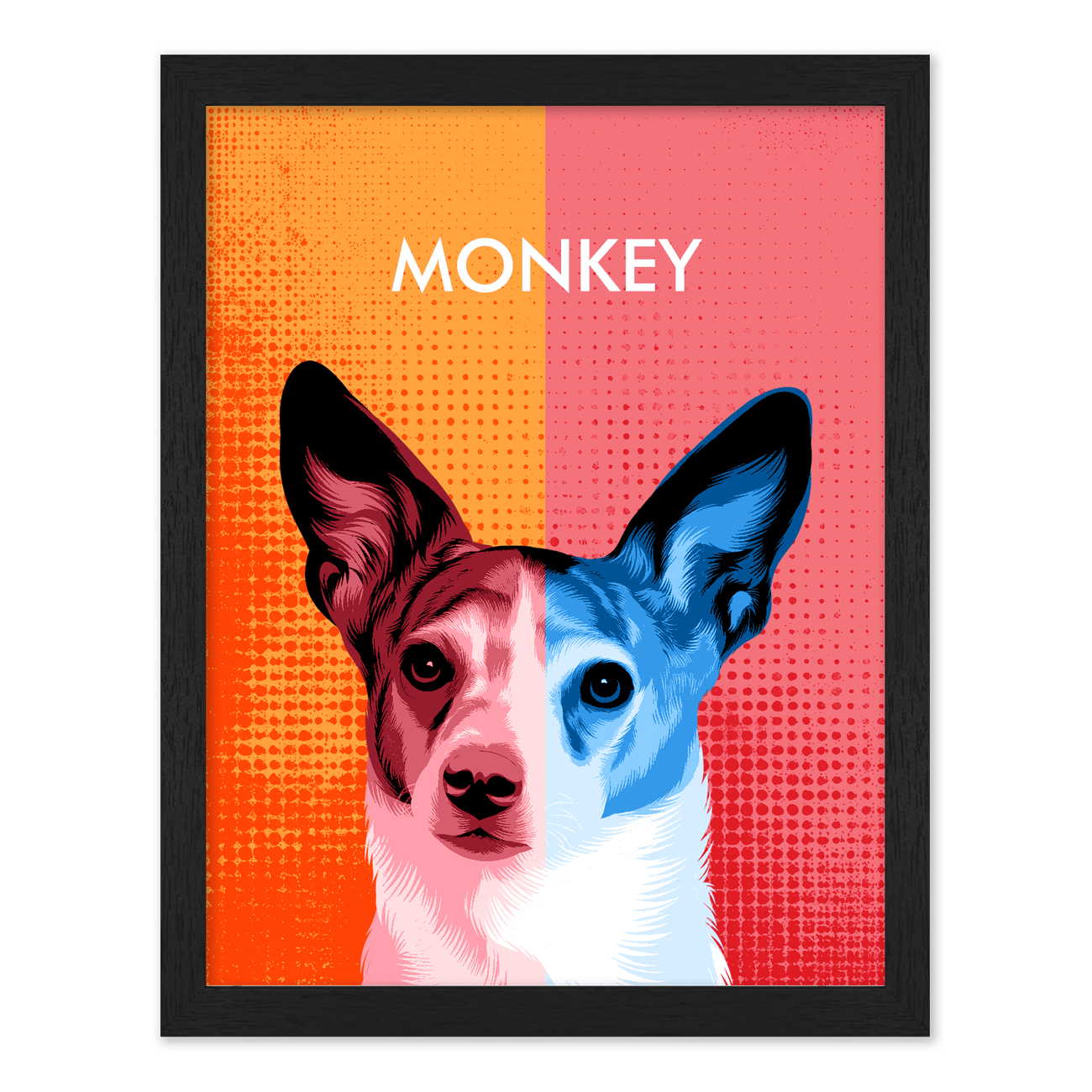 Turn your favorite photo from your pet into a bold two toned modern pop art pet portrait, finished in a classic standard black frame.