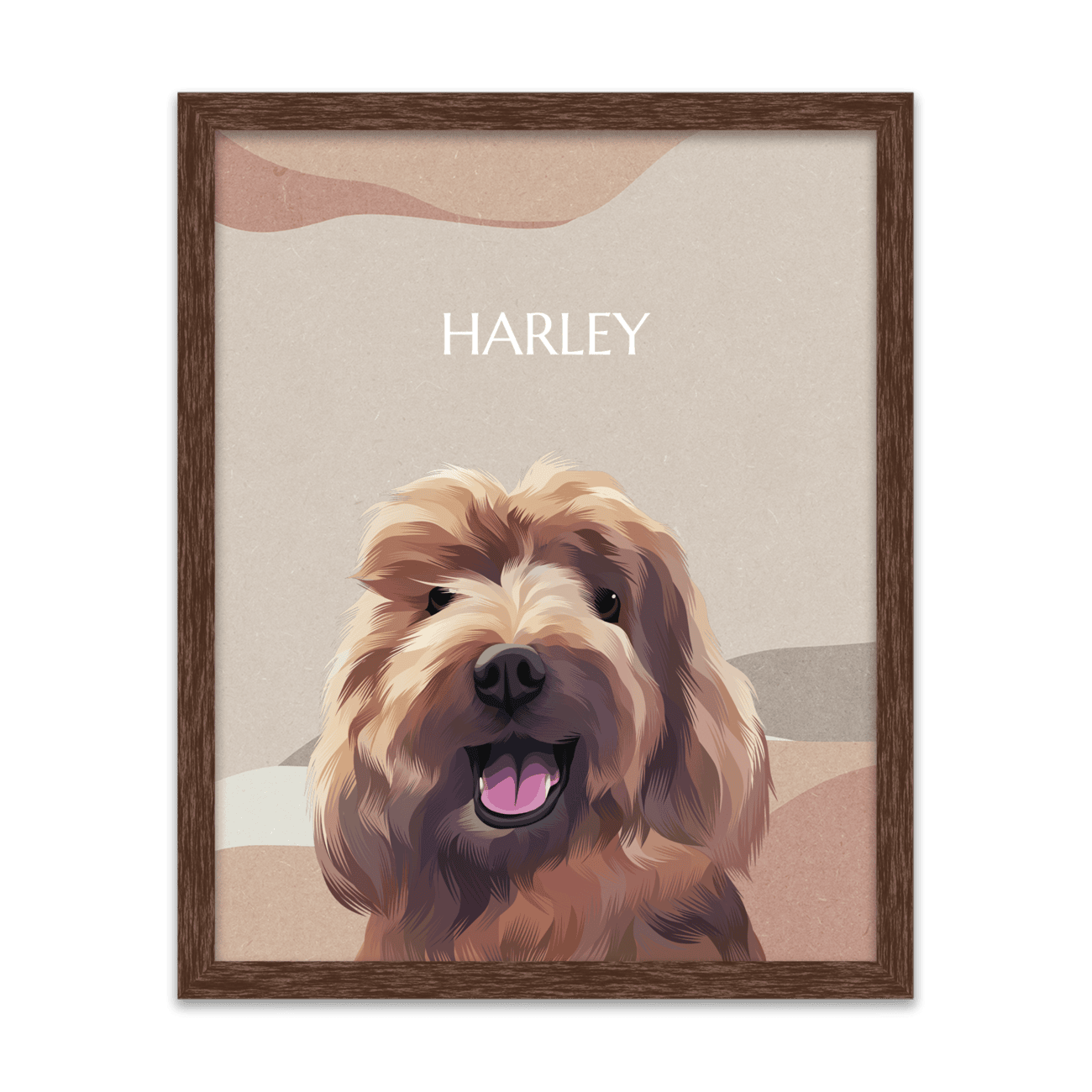 Boho pet portrait of a dog named Harley, custom hand-illustrated with a warm earthy background and framed in a dark walnut frame.