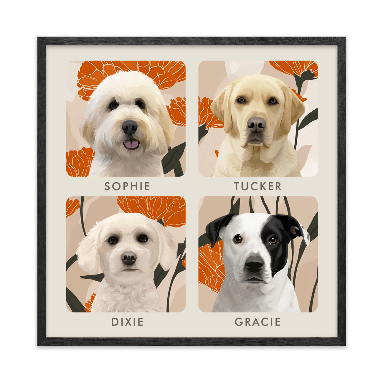4petportrait-square-bloomingmarigoldfloralillustration_Black-Oak-Frame.png