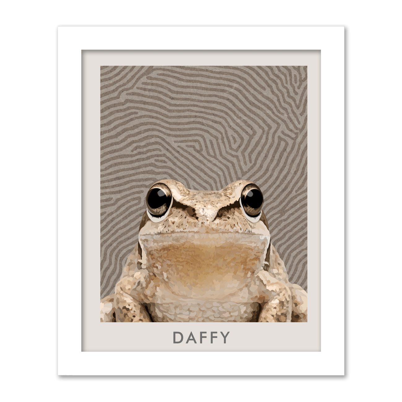 A vertical white frame enhances this Organic Terrain Lines Minimalist Pet Portrait, pairing a soft frog illustration with organic contour patterns for a light, modern feel.