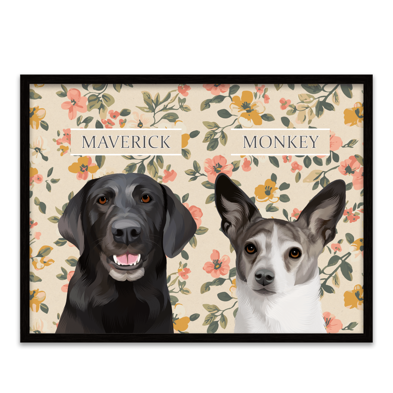 Vintage-style custom pet portrait of a black dog named Maverick and a white dog named Monkey, featured in a hand-illustrated floral background with a metal frame.