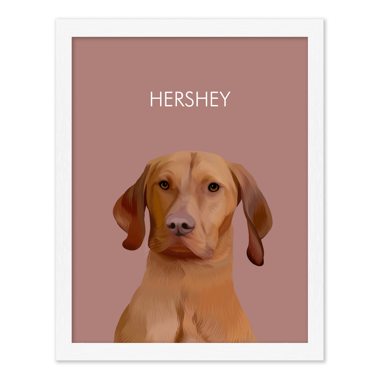 Framed pet portrait artwork of a Vizsla dog named Hershey on a neutral red colored background, framed in a white frame.