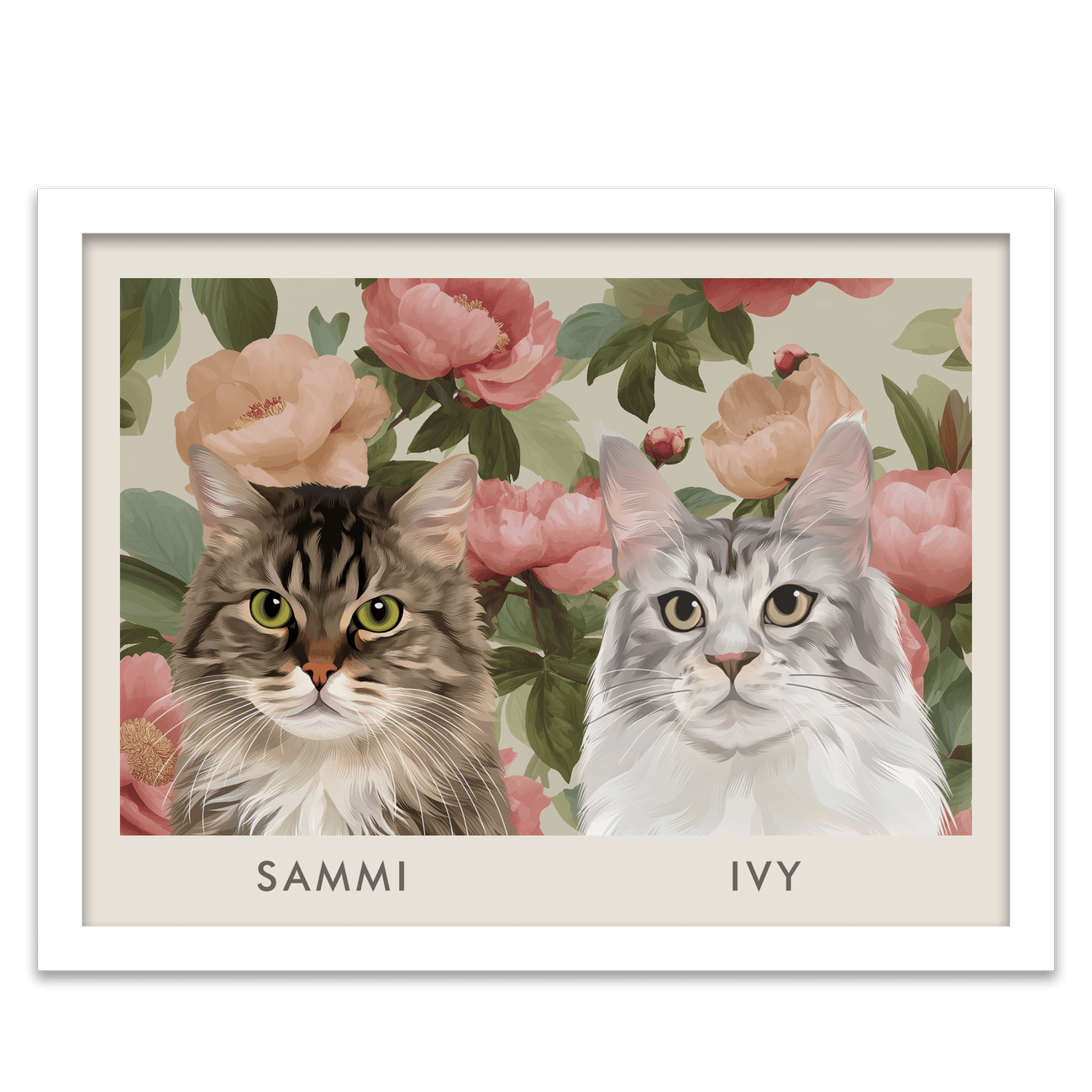 Custom pet portrait of two cats on vintage blush pink peonies background, displayed in a clean white frame with delicate botanical details.