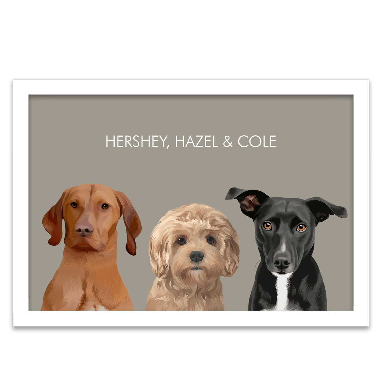 White frame version of a Soft Neutral Colored Background Pet Portrait featuring a beige backdrop and three pets, styled with a light and airy minimalist feel.