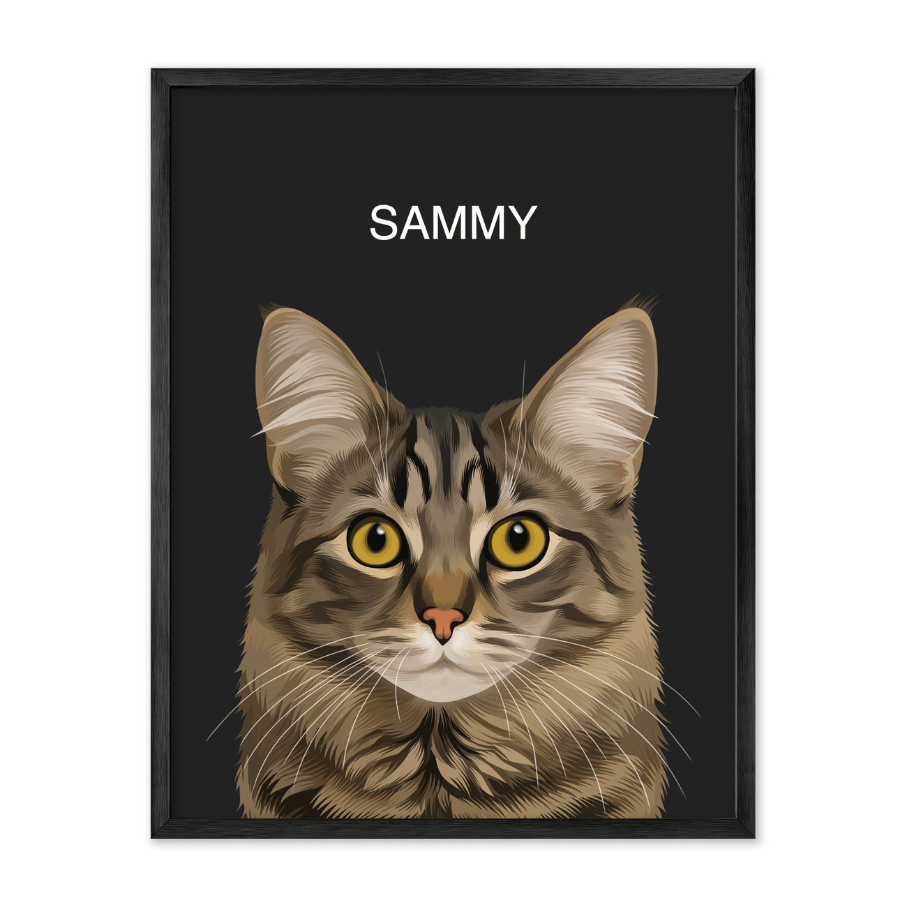 Personalized tabby cat pet portrait named Sammy in a metal frame on a dark backdrop, custom drawn pet artwork.