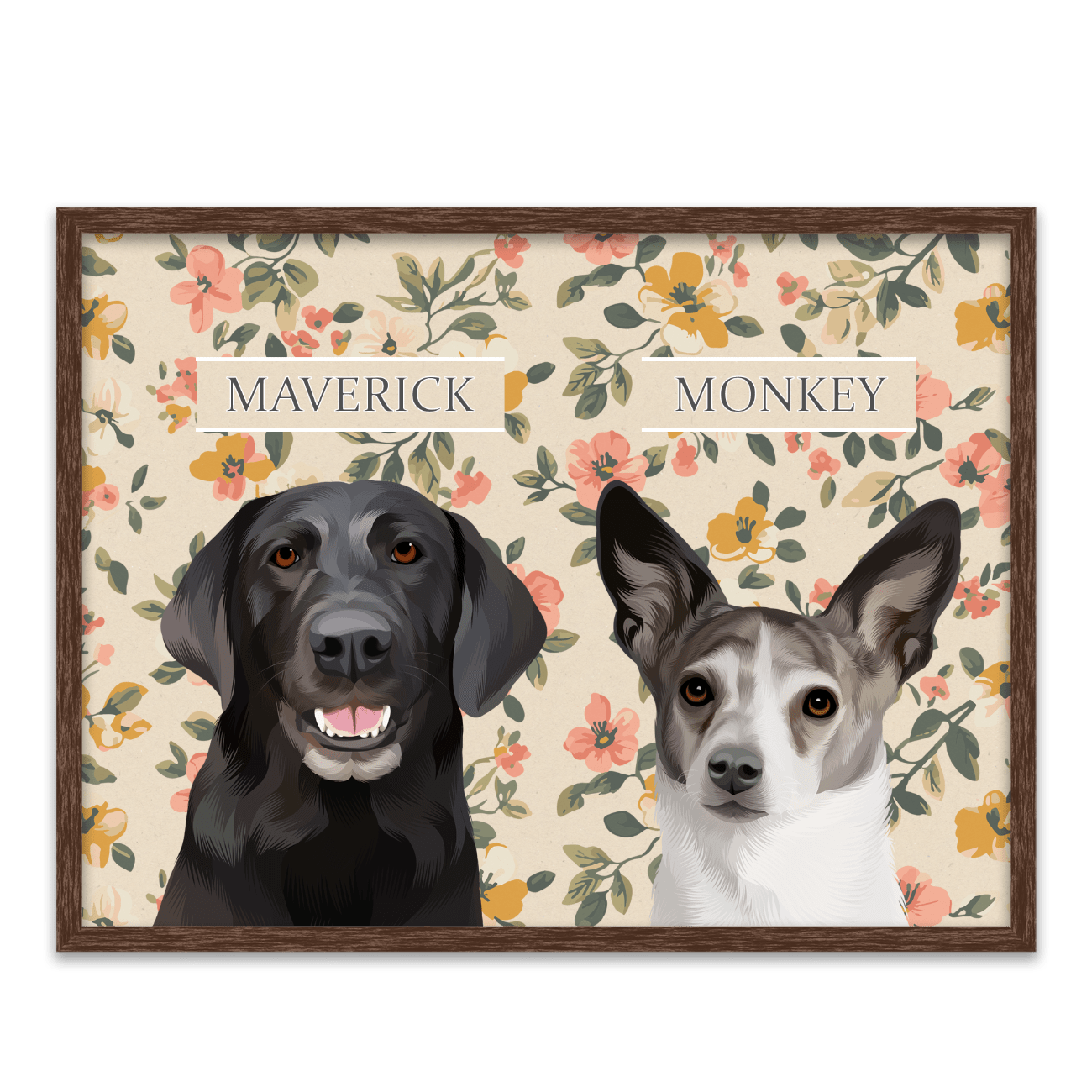 Vintage-style custom pet portrait of a black dog named Maverick and a white dog named Monkey, featured in a hand-illustrated floral background with a classic walnut frame.