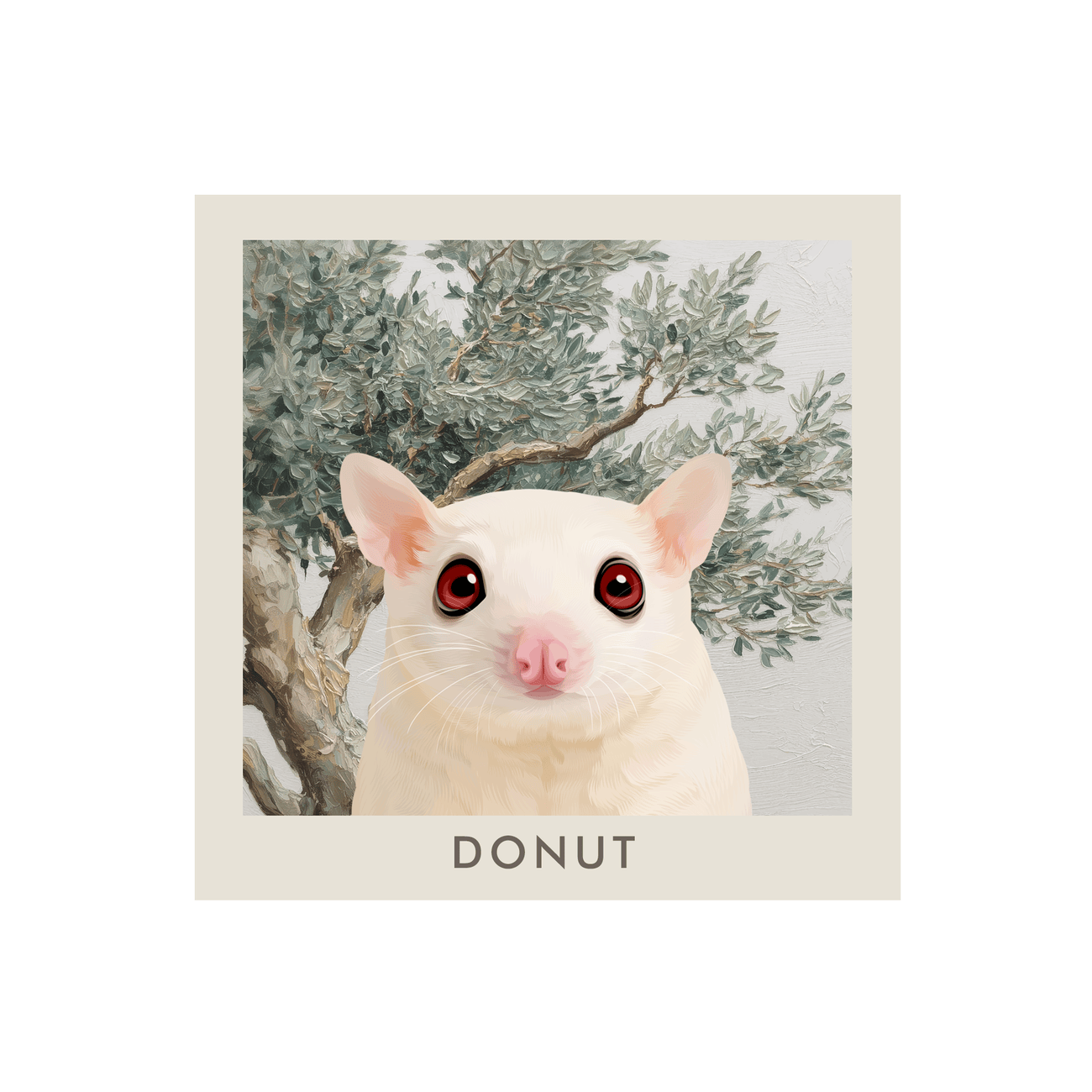 Square print only custom pet portrait from your pet with a soft Mediterranean olive tree background and painterly natural tones.