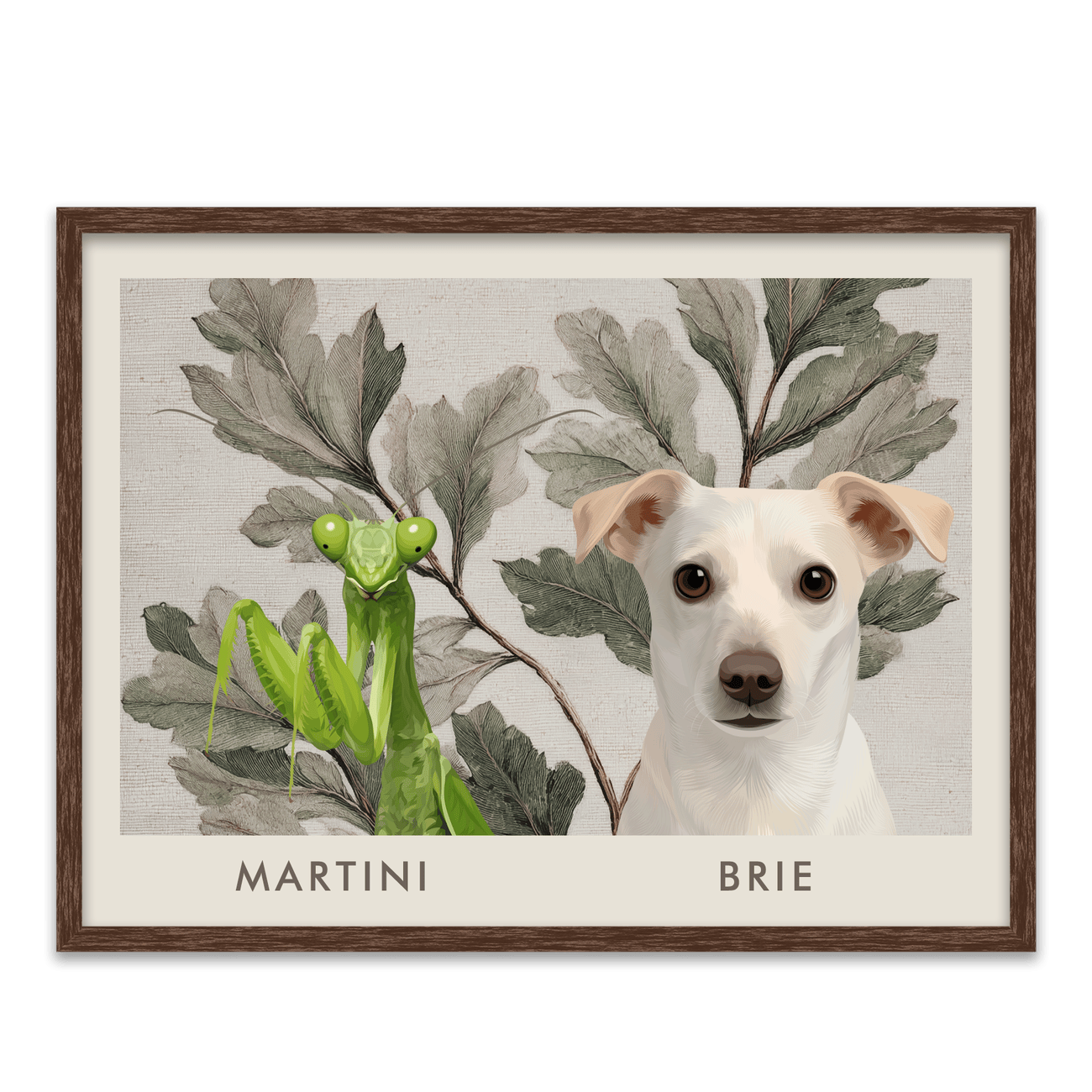 Walnut framed botanical pet portrait of a mantis and dog against a soft vintage leaf pattern.