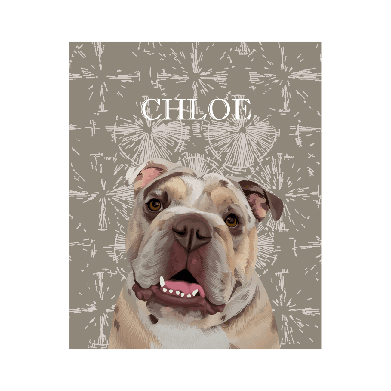 Boho themed pet portrait of a bulldog named Chloe, hand-illustrated with a modern dandelion-inspired background and printed on premium matte paper.