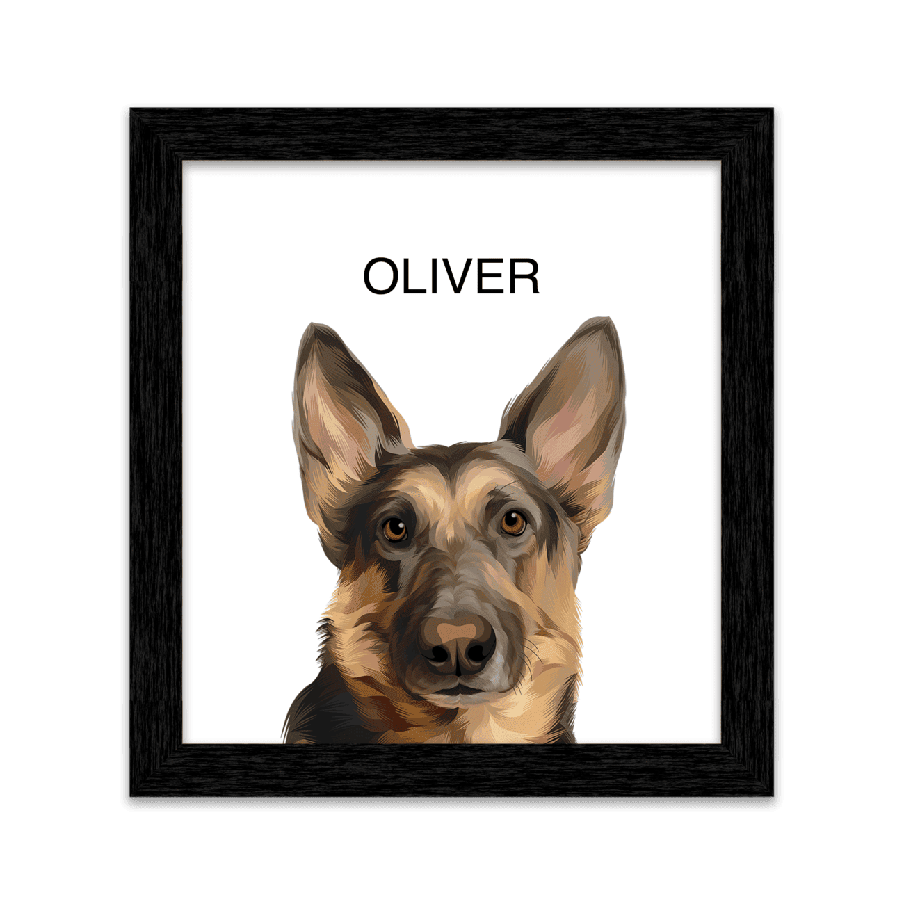 Pet portrait artwork of a German Shepherd dog named Oliver on a white background, placed in a square black frame.