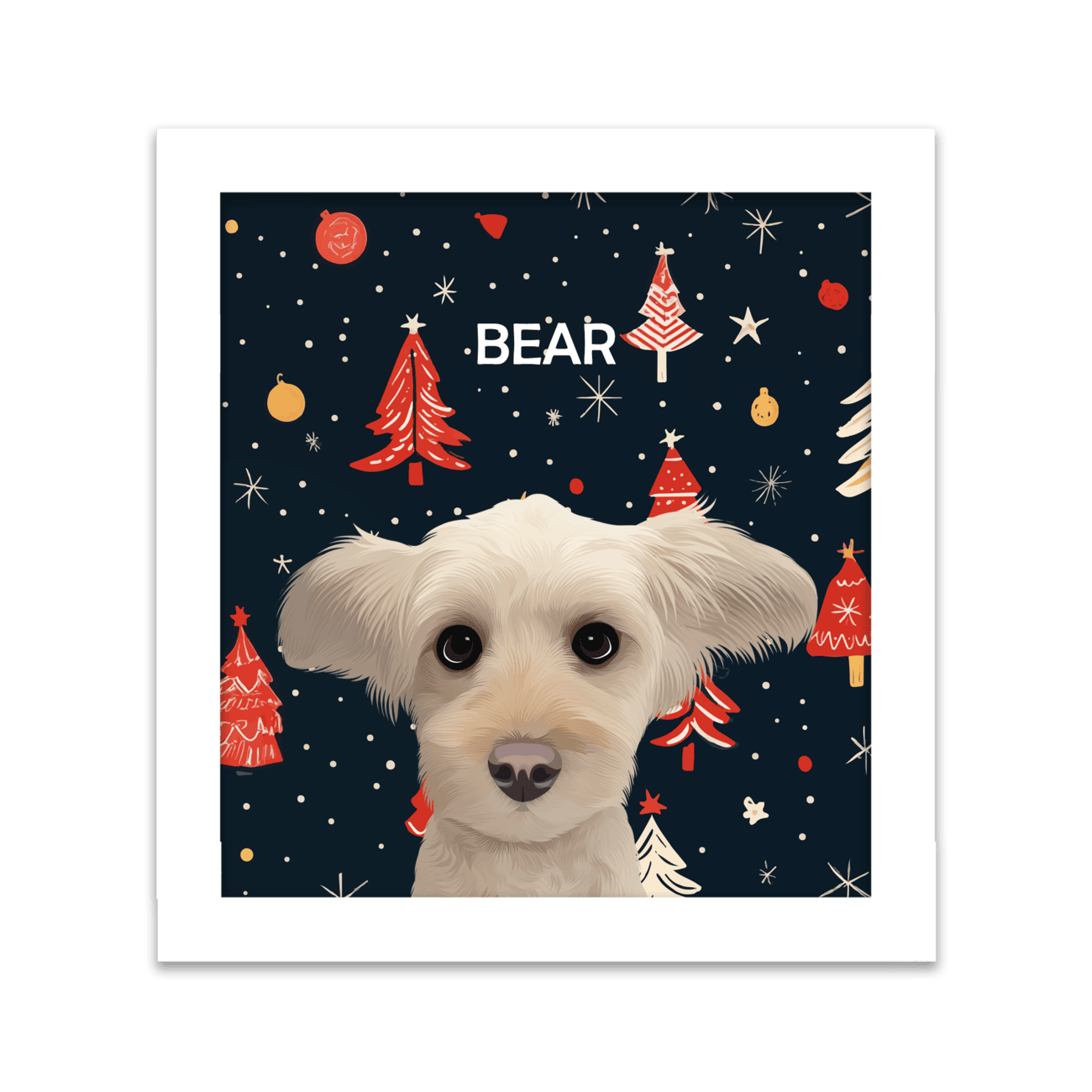 Custom holiday pet portrait of a small dog named Bear, illustrated with a festive Christmas tree pattern background and framed in a square white frame.