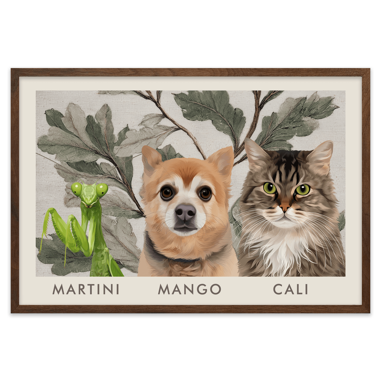 3petportrait-horizontal-vintagebotanicaloakleaves_Walnut-Frame.png