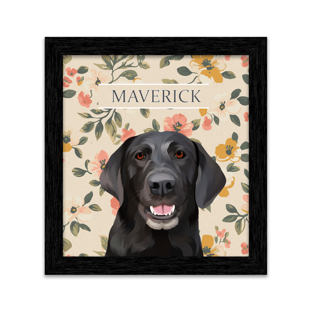 Vintage-style custom pet portrait of a black dog named Maverick , featuring a hand-illustrated floral background with a square black frame.