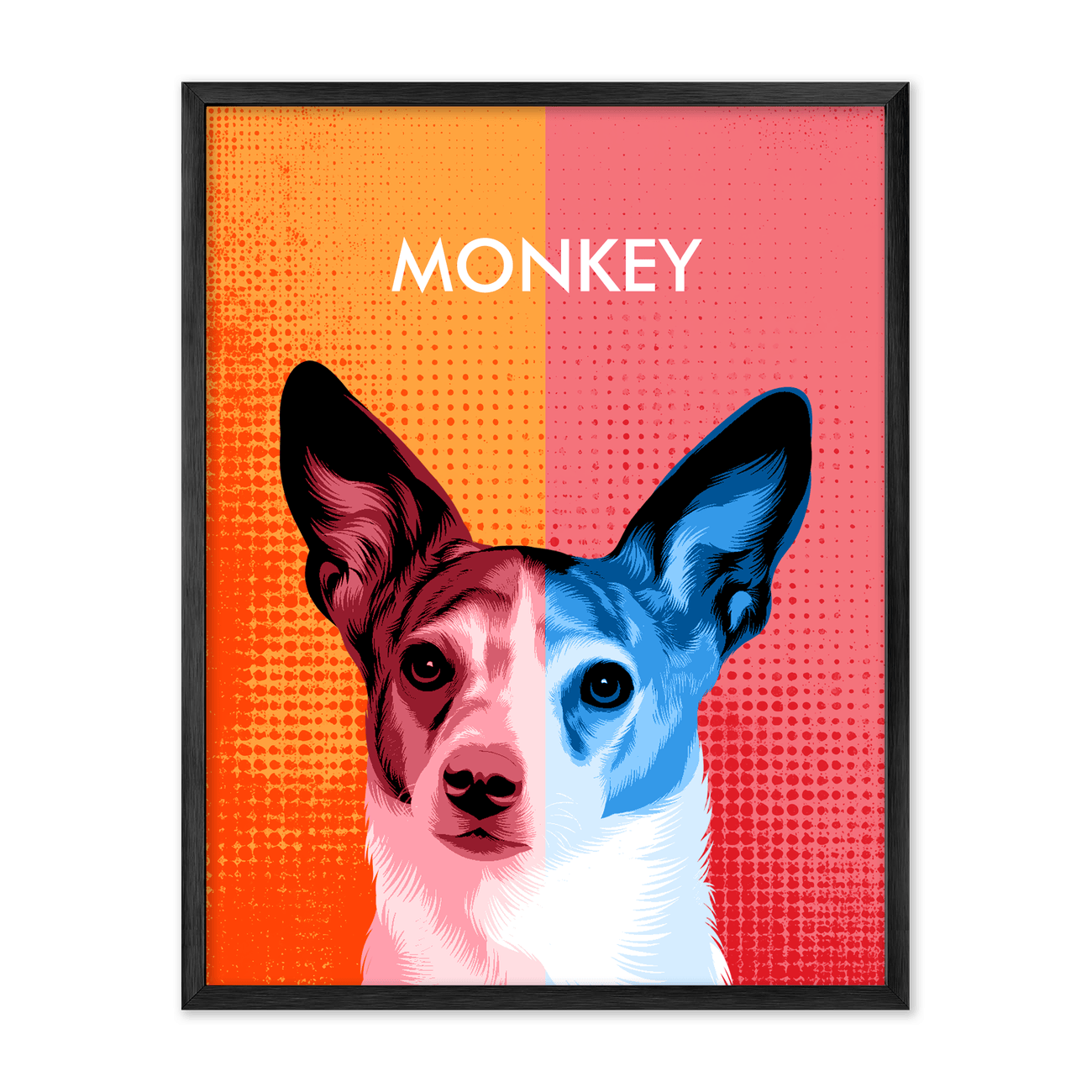 This vertical two toned pet portrait showcases vibrant pop art styling, playful textures, and contemporary character inside a sleek metal frame.