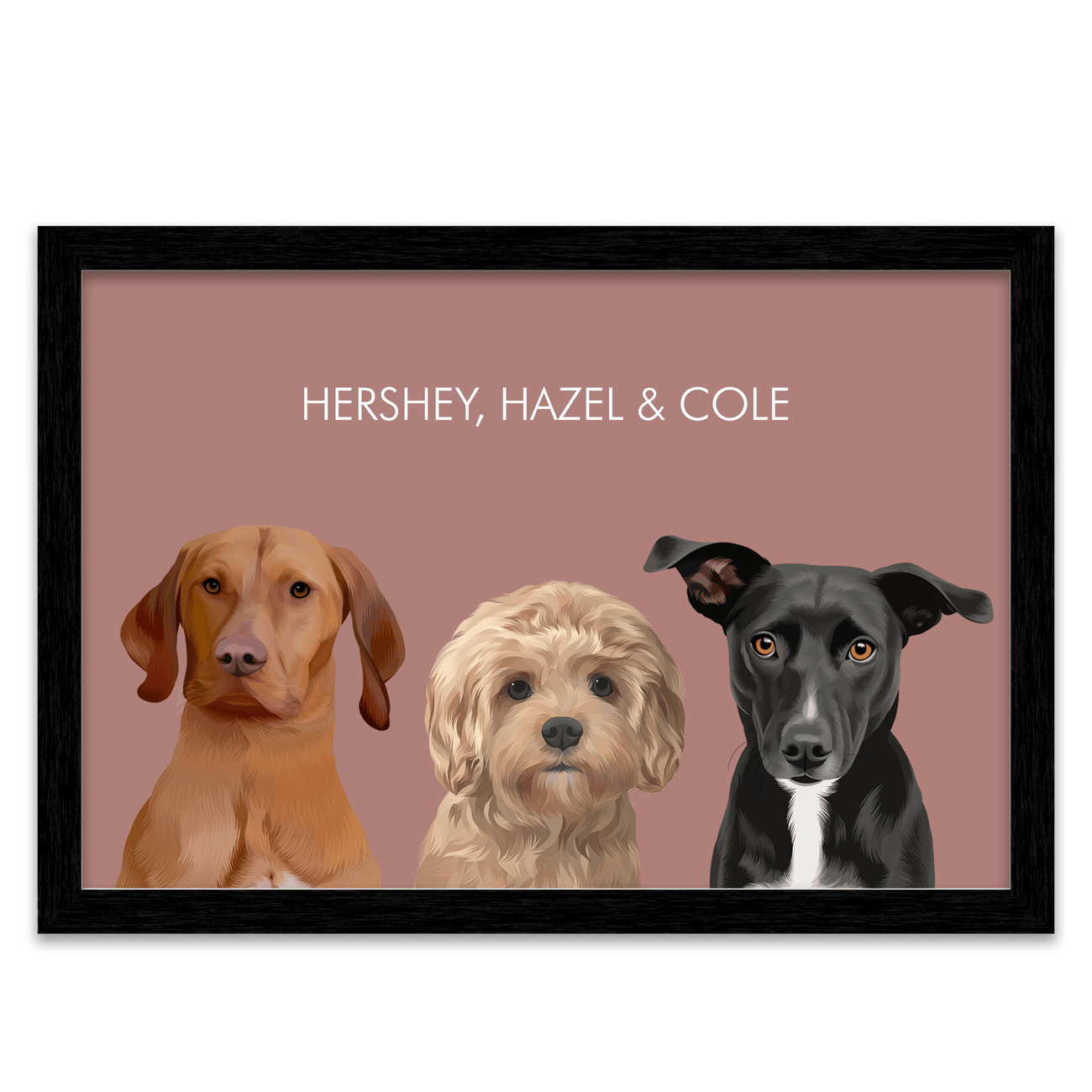 Three illustrated pets on a Soft Neutral Colored Background Pet Portrait with a dusty red background and bold black frame, adding contrast and a modern feel.