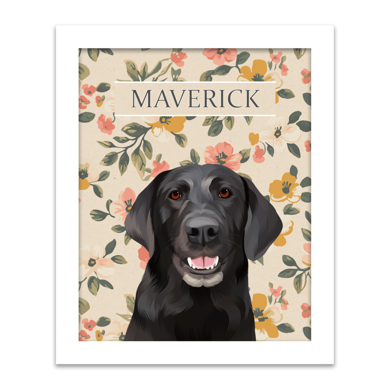 Vintage-style custom pet portrait of a black dog named Maverick , featuring a hand-illustrated floral background with a white frame.