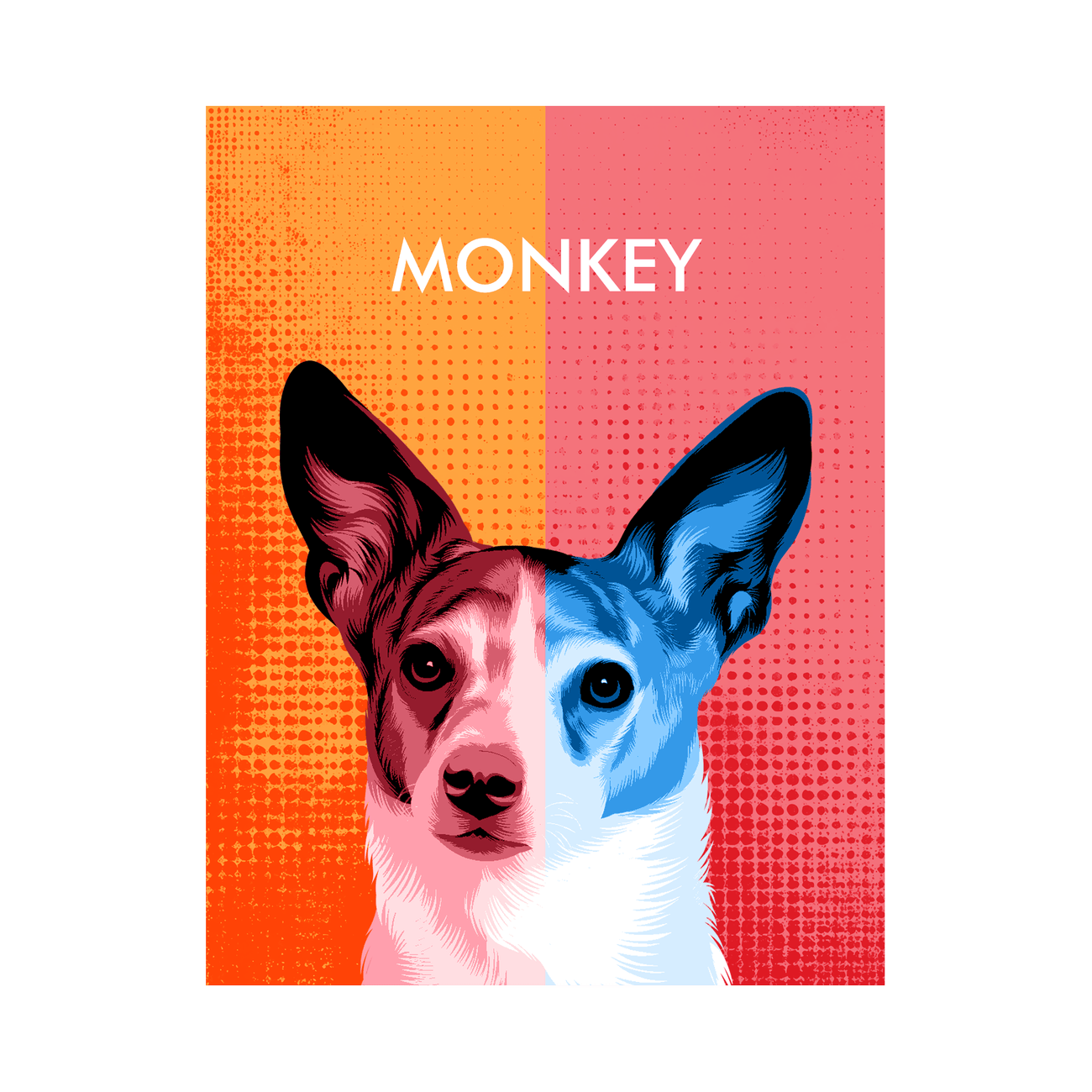 A vibrant modern pop art pet portrait filled with colorful two toned contrast and personality, available as a print only option for flexible display.