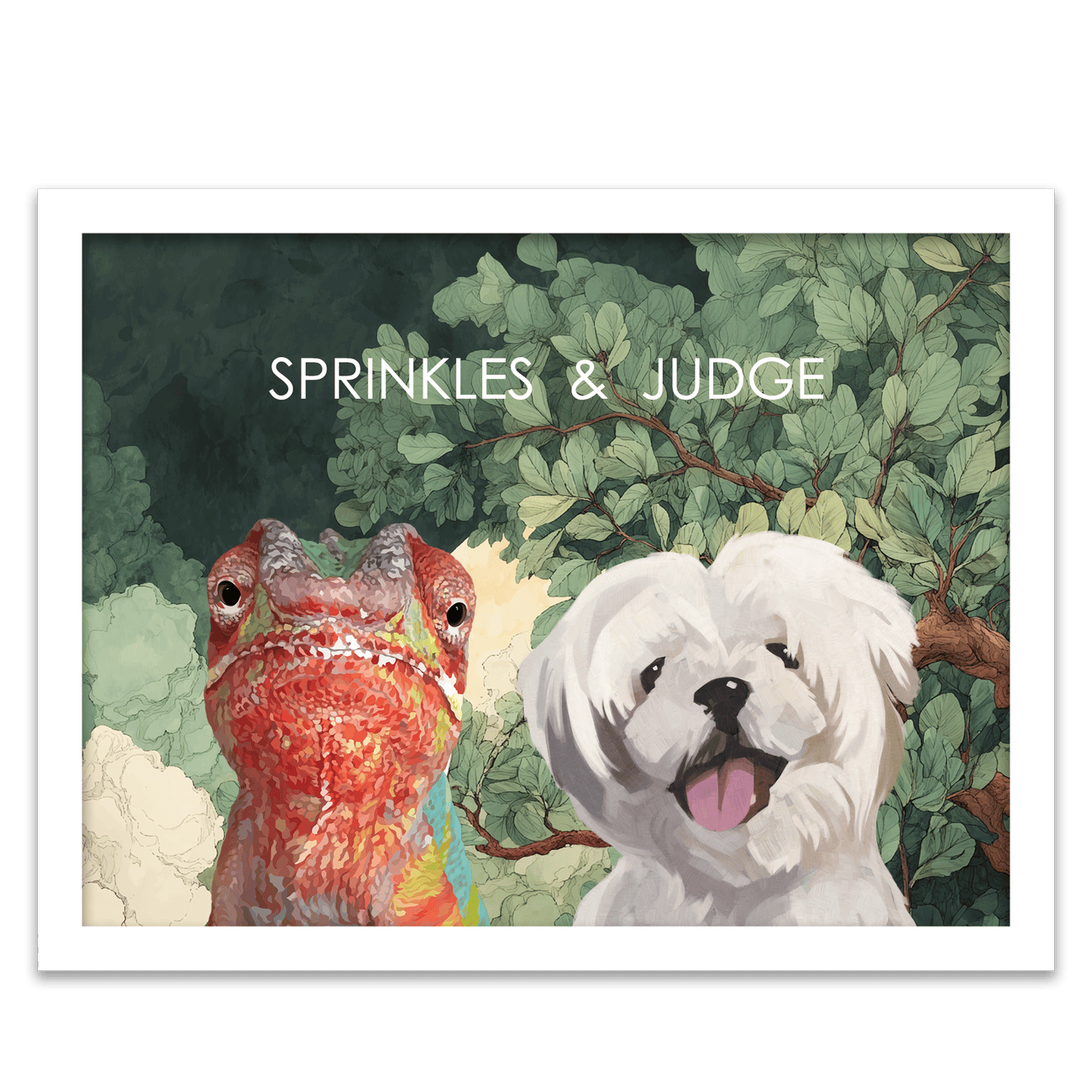 Custom pet portrait of a chameleon and fluffy dog surrounded by a lush illustrated jungle with textured leaves, twisting limbs, and a glowing full moon shining through the treetops.