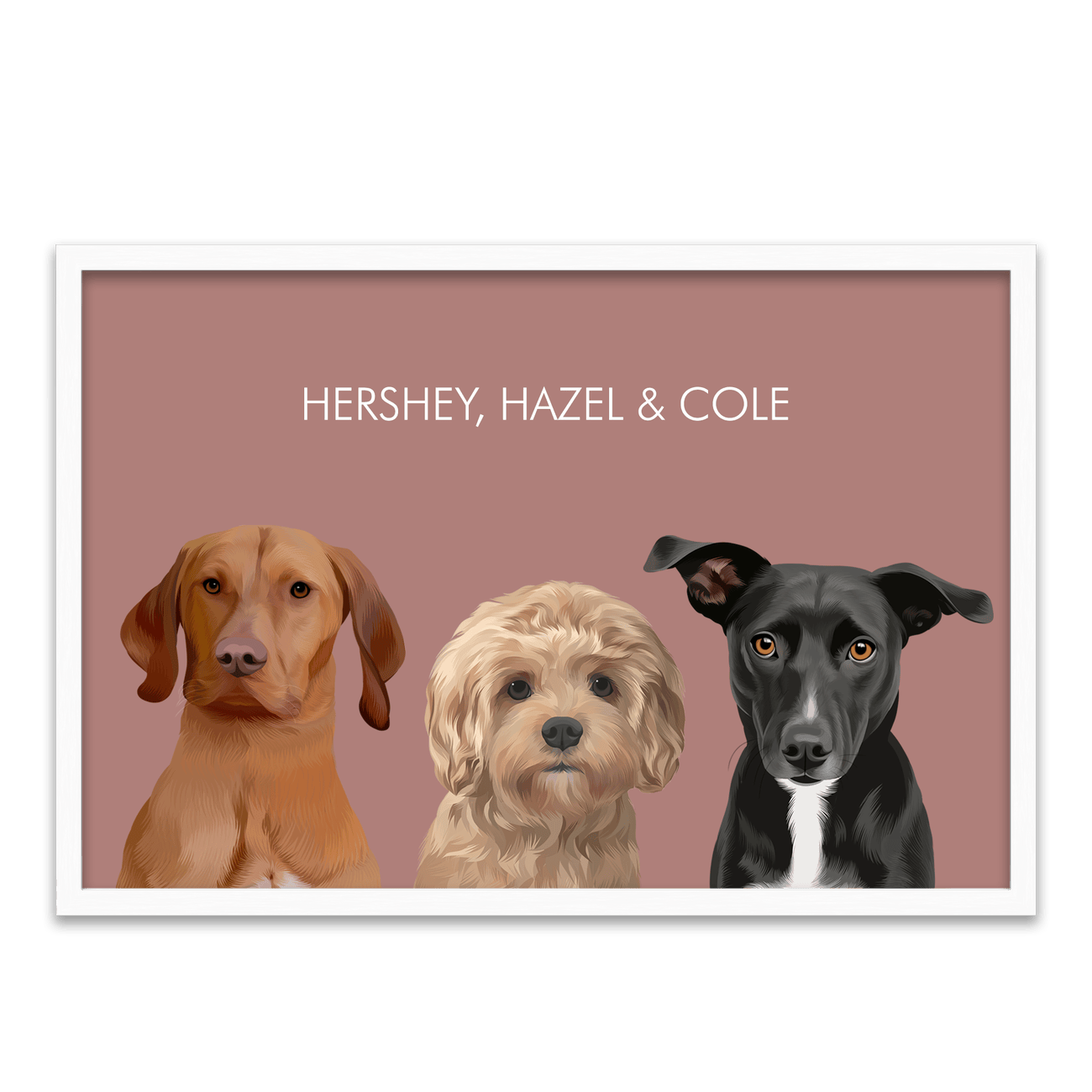 Soft Neutral Colored Background Pet Portrait featuring three dogs on a muted red backdrop with a white oak frame, creating a warm and elevated look with natural wood tones.