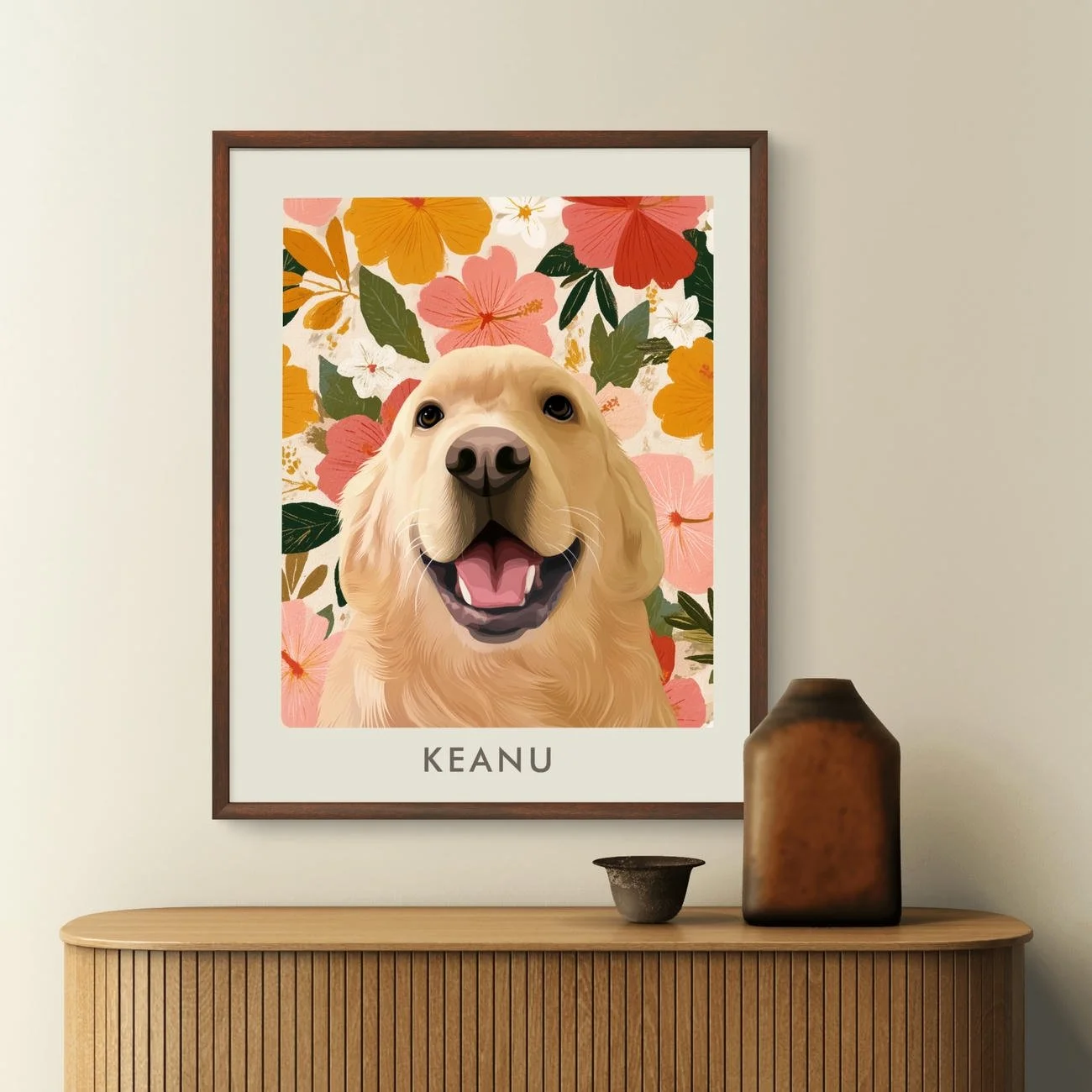 Retro rainbow pet portrait hanging on wall