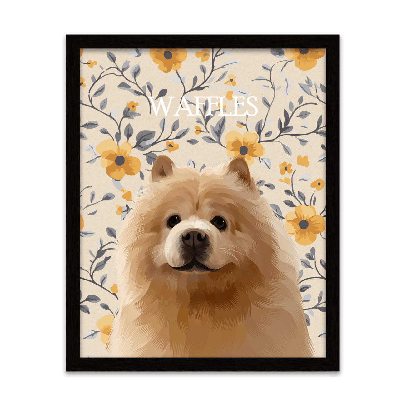 Charming custom pet portrait of a fluffy dog named Waffles, illustrated with a vintage soft yellow floral background and framed in a metal frame.