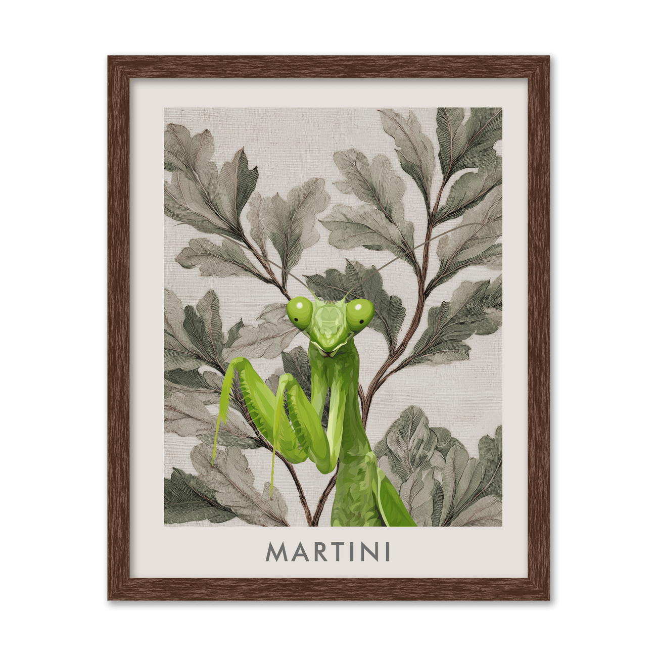 Bright green praying mantis portrait over muted botanical leaves, Martini name, warm walnut wood framed art.