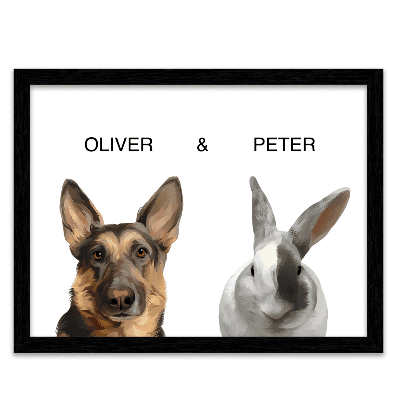 Framed pet portrait artwork of a German Shepherd dog named Oliver and a white bunny named Peter on a white background, placed in a black frame.