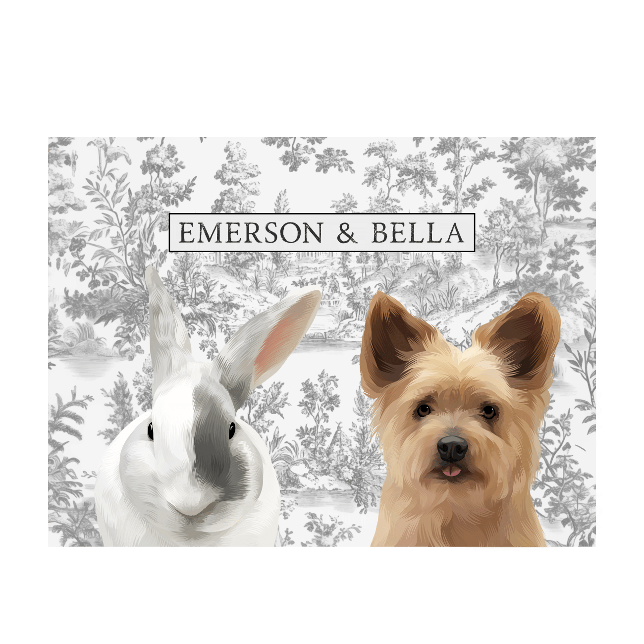 Custom 2-pet horizontal portrait featuring a white rabbit and a small dog named Emerson & Bella, set against a gray Toile de Jouy background and printed on enhanced matte paper.