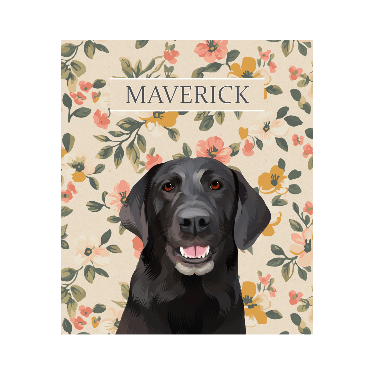 Vintage-style custom pet portrait of a black dog named Maverick , featuring a hand-illustrated floral background, printed on enhanced matte paper.