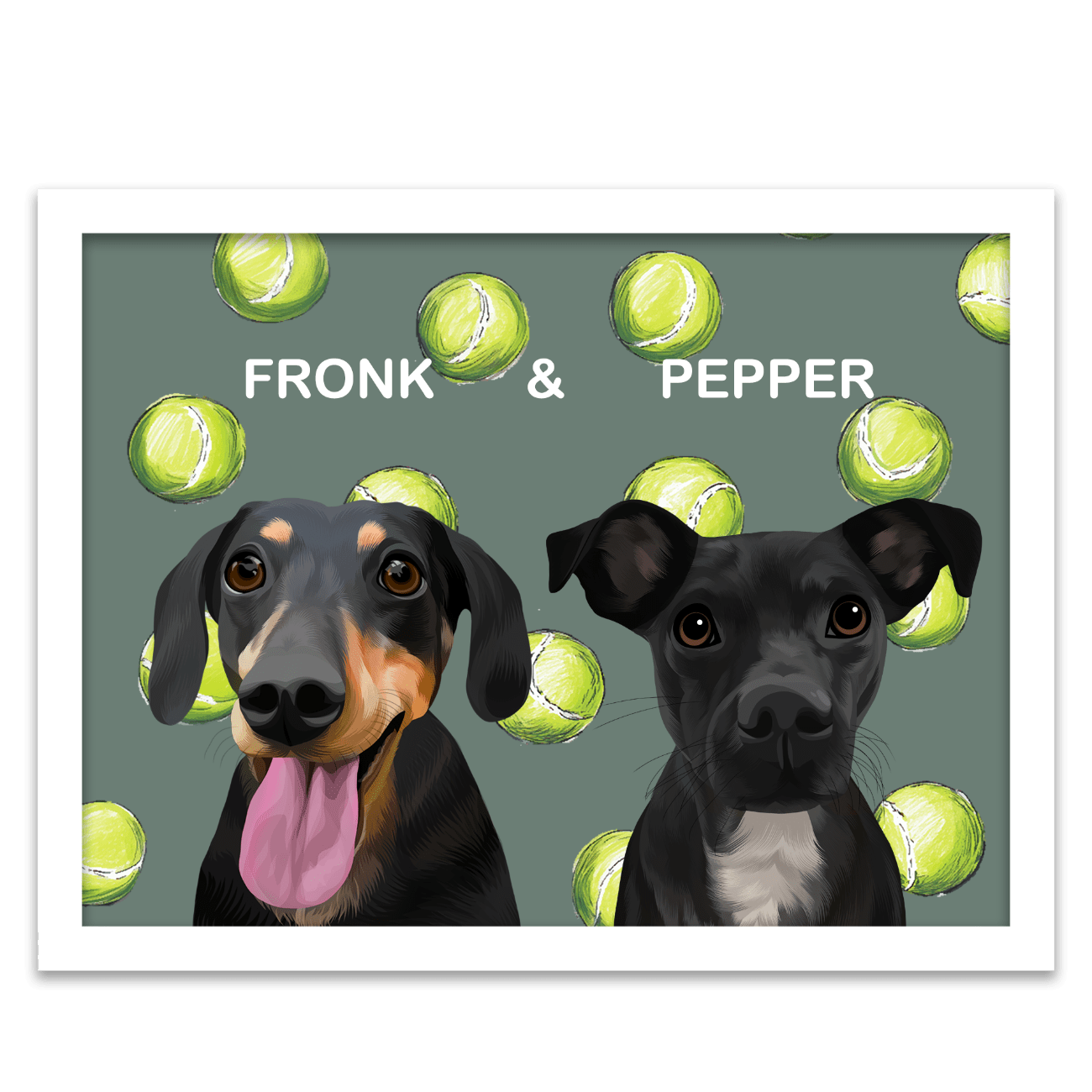 Pet portrait of a 2 black dogs named Fronk and Pepper, against a playful tennis ball pattern on a neutral green background, displayed in a white frame.