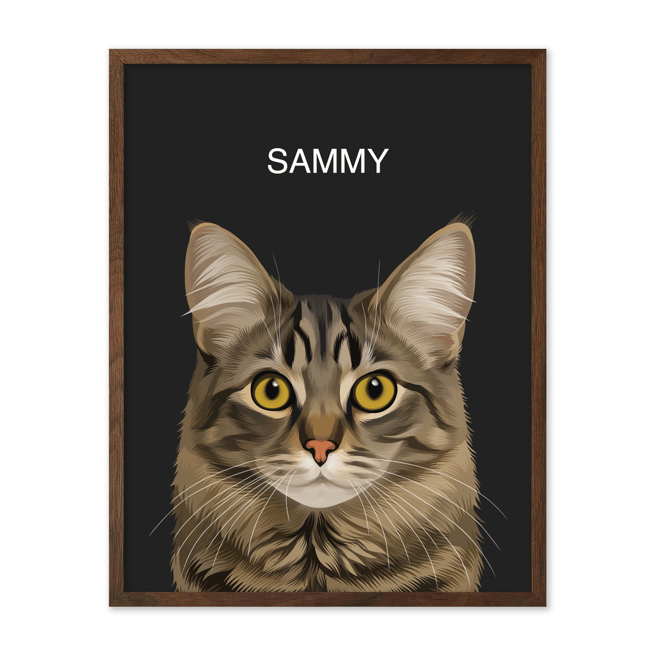 Hand illustrated tabby cat portrait named Sammy with a dark background in a walnut wood frame, custom pet art.