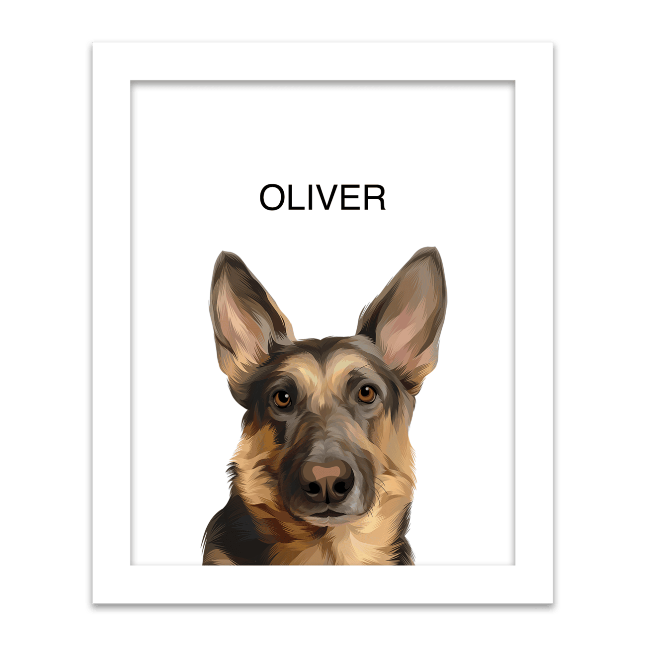 Framed pet portrait artwork of a German Shepherd dog named Oliver on a white background, placed in a white frame.