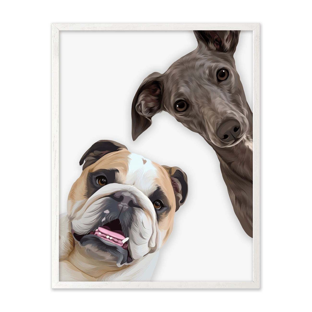 This playful peekaboo two dog portrait combines whimsical illustration styling with a premium white oak frame for a modern personalized pet artwork look.