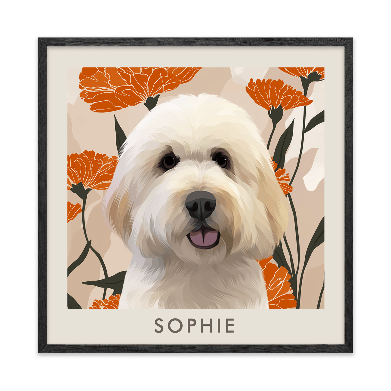 1petportrait-square-bloomingmarigoldfloralillustration_Black-Oak-Frame.png