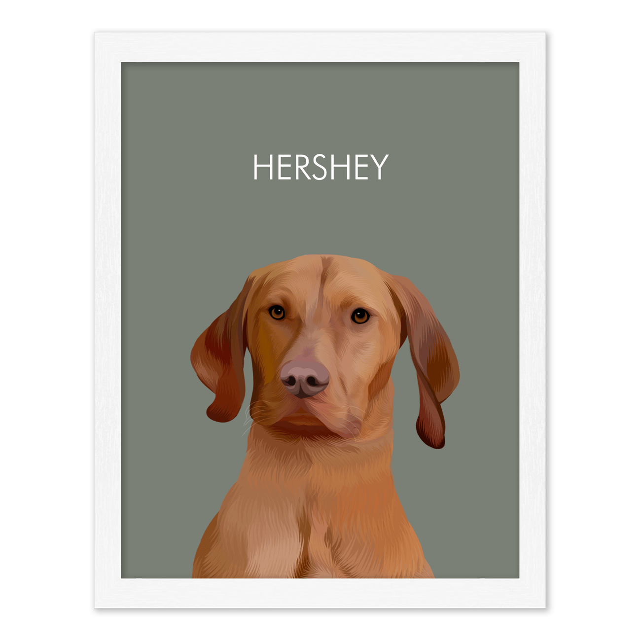 Framed pet portrait artwork of a Vizsla dog named Hershey on a neutral green colored background, framed in a white frame.