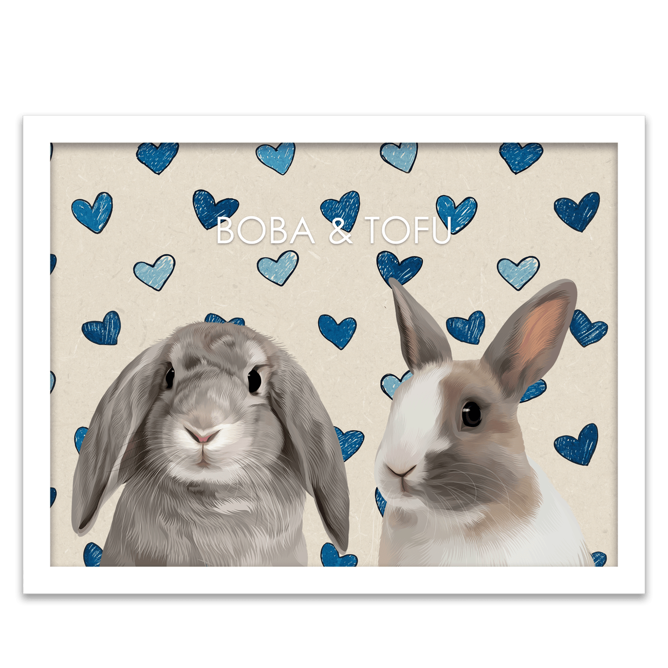 Two sweet bunnies in a custom pet portrait with playful blue hearts on beige, framed in classic white wood.