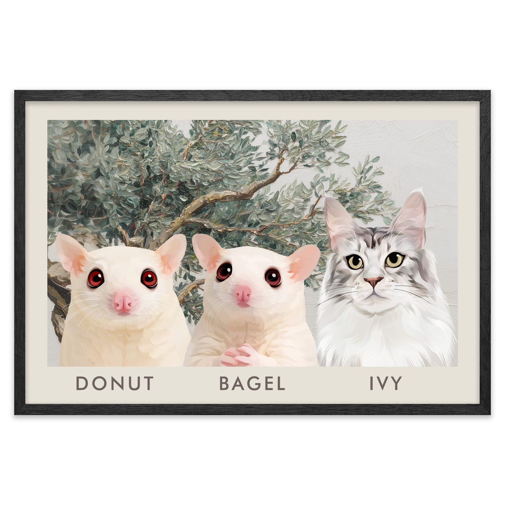 3petportrait-horizontal-mediterraneanolivetreebranch_Black-Oak-Frame.png