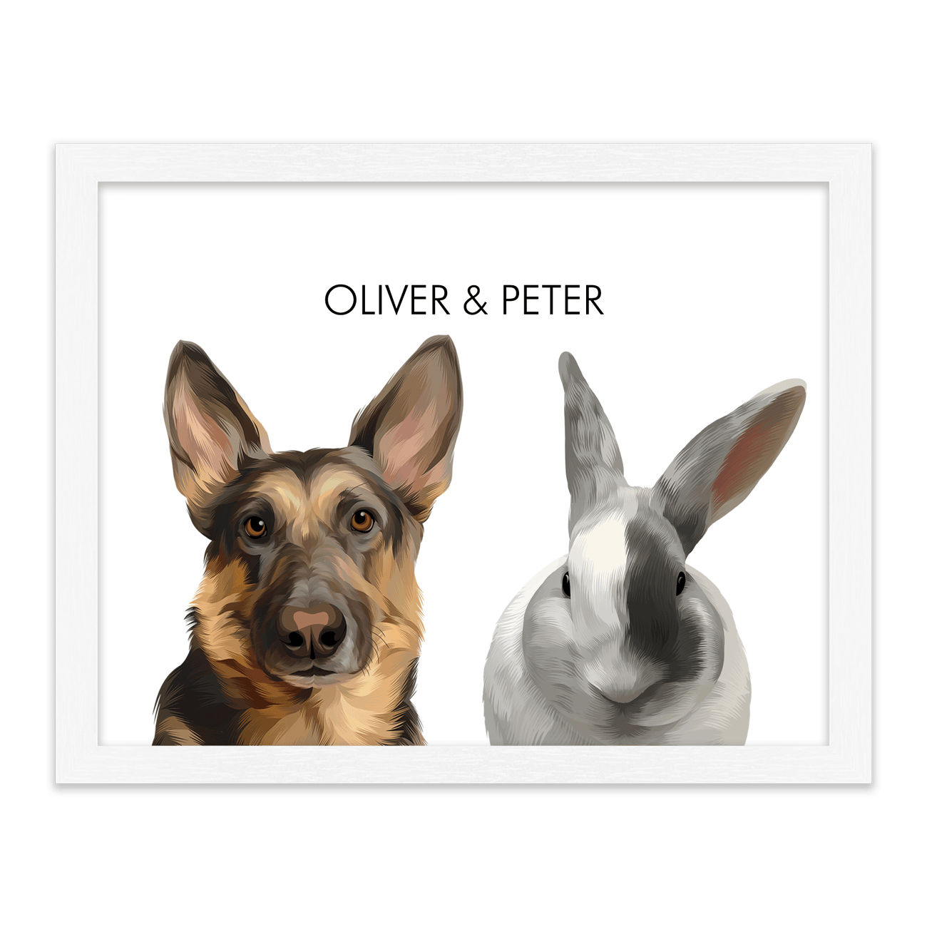 Custom 2 pet illustration of a German Shepherd dog and rabbit in a standard white frame with clean white background styling.