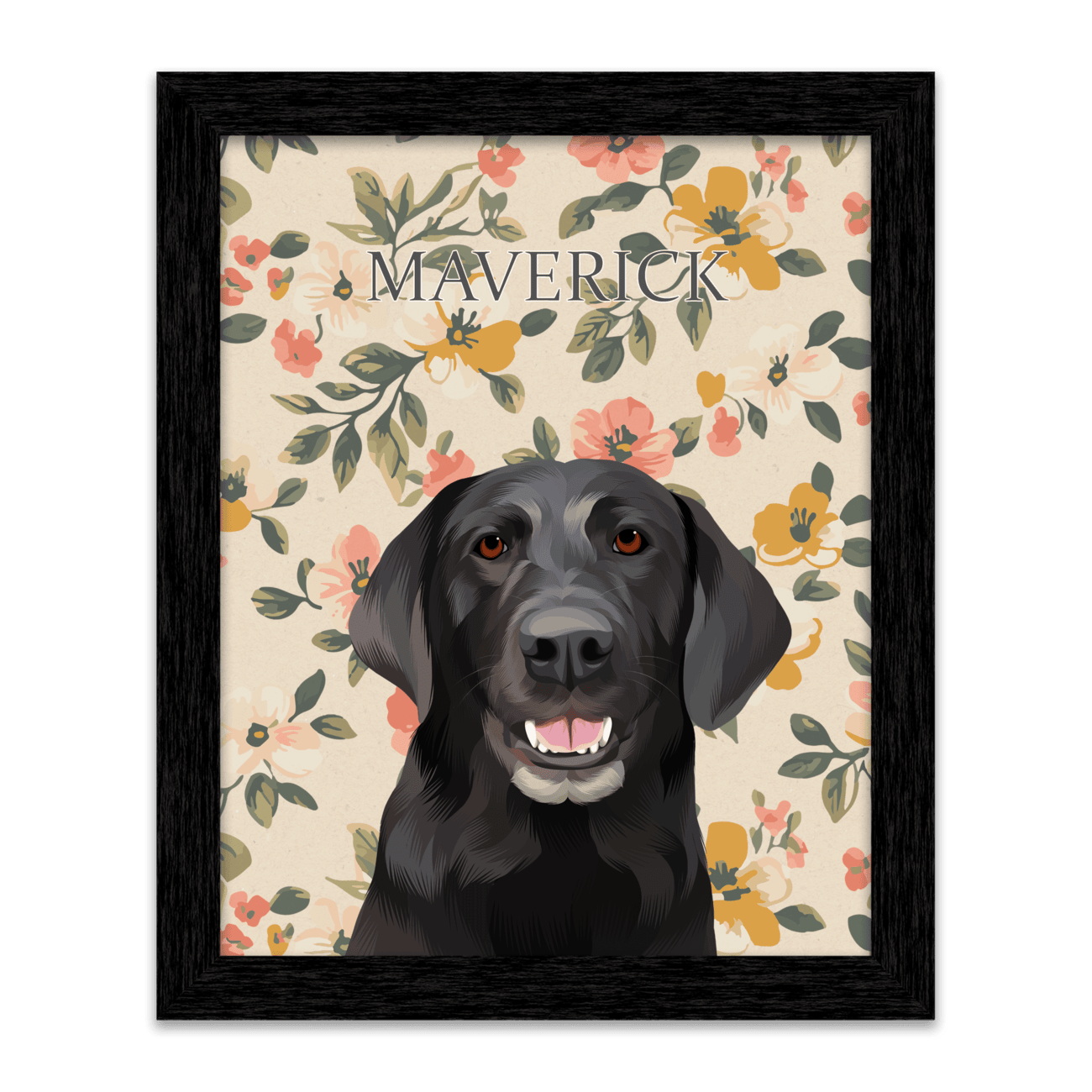Vintage-style custom pet portrait of a black dog named Maverick, featuring a hand-illustrated floral background with a black frame.