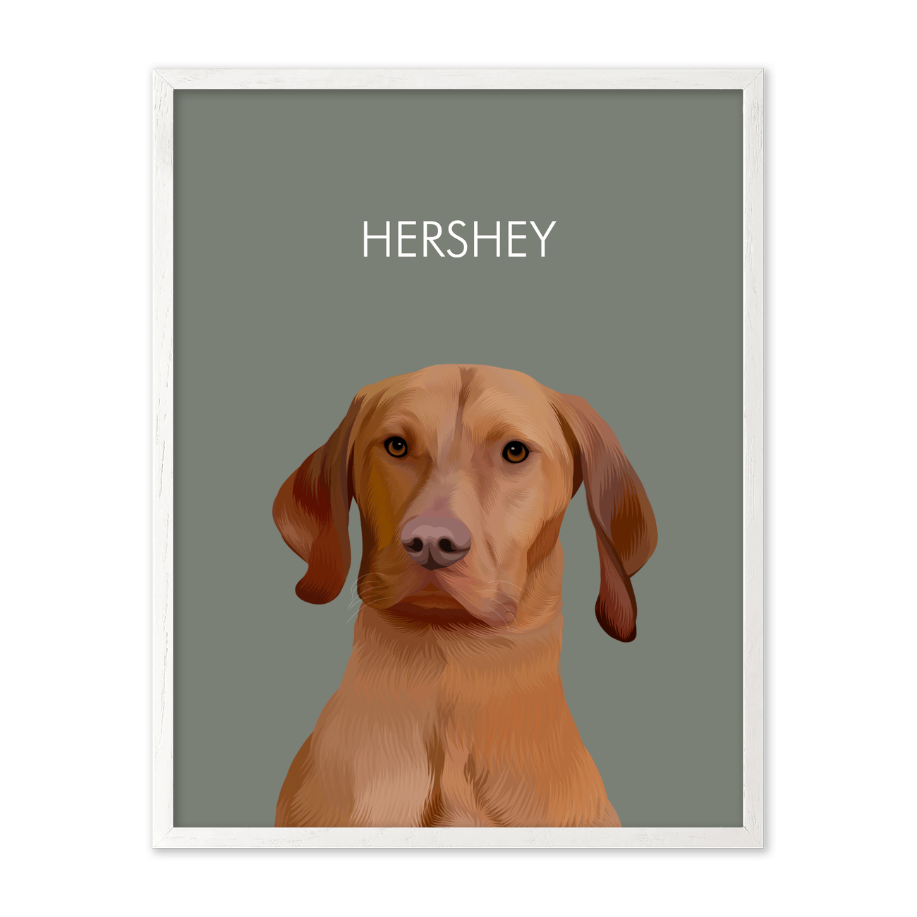 Framed pet portrait artwork of a Vizsla dog named Hershey on a neutral green colored background, framed in a white oak frame.