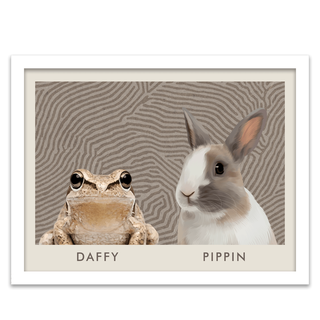Light and airy tones highlight this Organic Terrain Lines Minimalist Pet Portrait featuring a frog and rabbit on a soft patterned background, paired with a crisp white frame.
