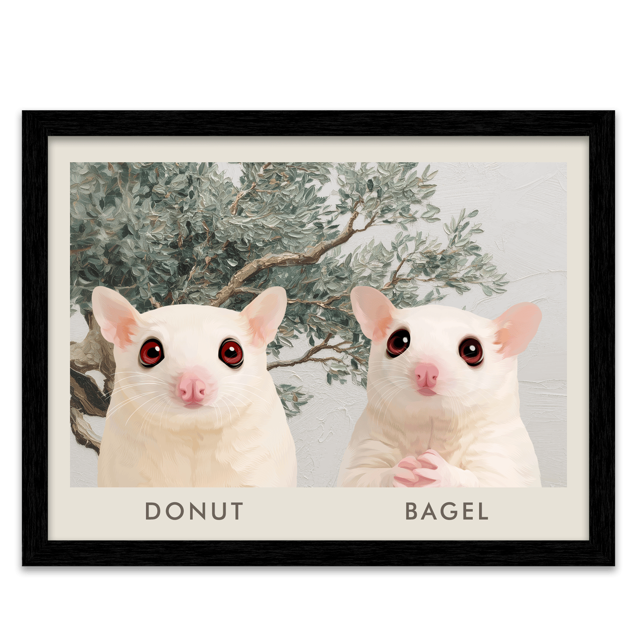 Hand illustrated two pet portrait with Mediterranean olive tree background in a black frame featuring rich contrast and painterly detail.